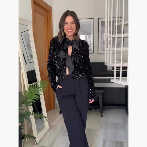 Sequined Back-Bowed Dress Fashion Round Neck Long Sleeve Dresses For Party Daily Shopping Women