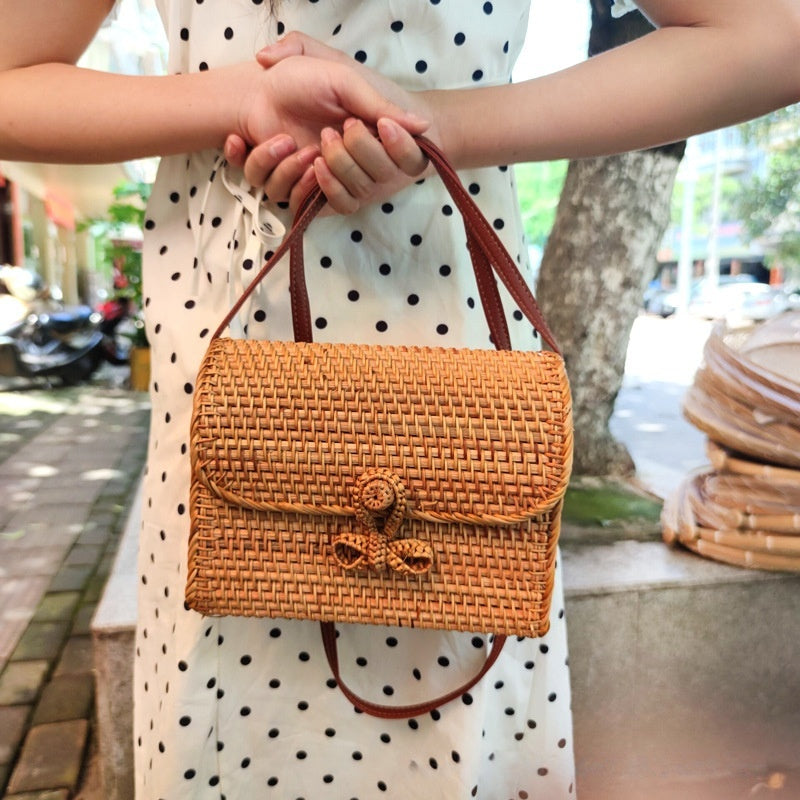Stylish Casual Crossbody Beach Bag With A Butterfly Buckle Handwoven From Rattan