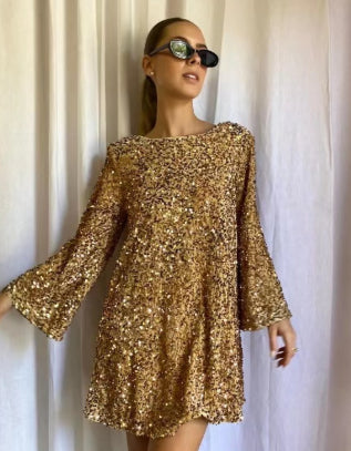 Sequined Back-Bowed Dress Fashion Round Neck Long Sleeve Dresses For Party Daily Shopping Women