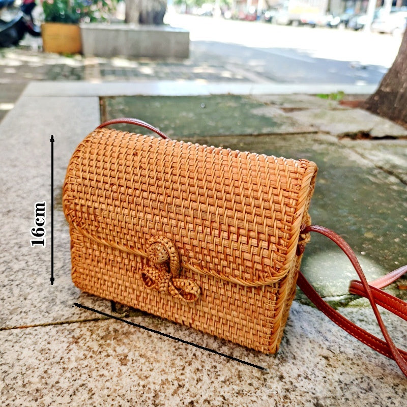 Stylish Casual Crossbody Beach Bag With A Butterfly Buckle Handwoven From Rattan
